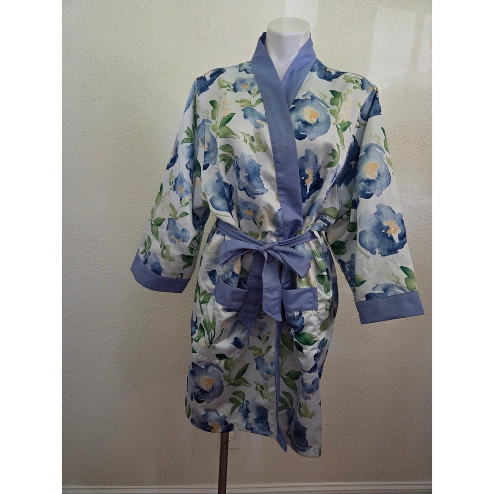 Hello Gorgeous Blue Floral Watercolor‎ Robe Womens Medium Short Belted Kimono